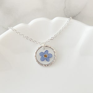 Forget-Me-Not Flower Necklace, Special Memorial Necklace, Small Round Necklace with Real Blue Flower, Sterling Silver Forget Me Not Necklace image 3