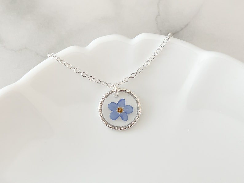 Forget-Me-Not Flower Necklace, Special Memorial Necklace, Small Round Necklace with Real Blue Flower, Sterling Silver Forget Me Not Necklace image 3