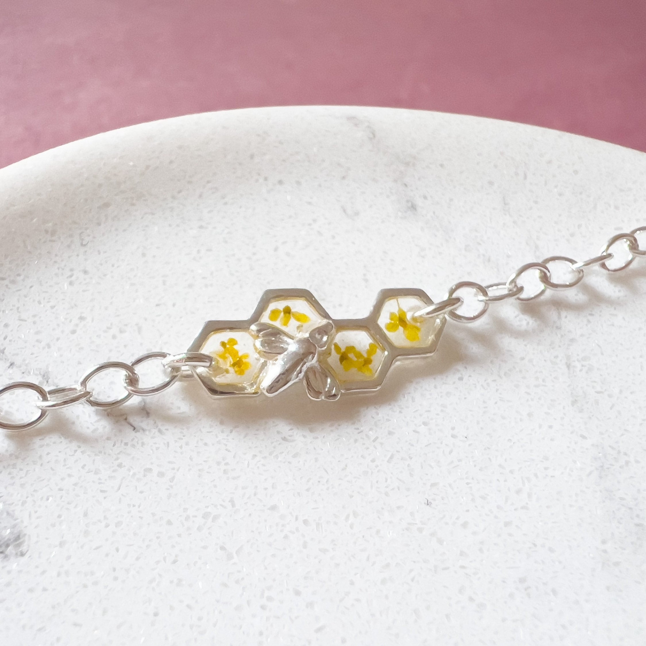 Sterling silver bee bracelet with yellow flowers, honeycomb bumble bee bracelet for women with angelite charm, birthday gifts for her