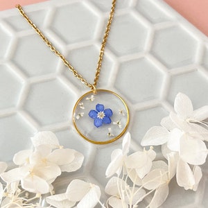 Forget-Me-Not Single Real Flower Necklace For Women, Gold Forget-Me-Not Necklace Gift For Her, Bridesmaid Wedding Gifts, Something Blue image 2