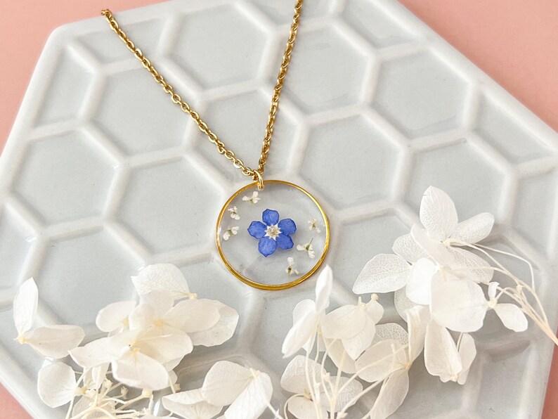 Forget-Me-Not Single Real Flower Necklace For Women, Gold Forget-Me-Not Necklace Gift For Her, Bridesmaid Wedding Gifts, Something Blue image 2
