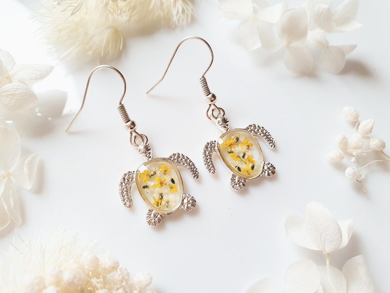 Silver turtle earrings, yellow and white flower turtle earrings for women, jewellery gifts for girls, bridesmaid birthday gift for her image 4