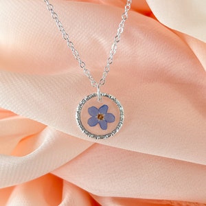 Forget-Me-Not Flower Necklace, Special Memorial Necklace, Small Round Necklace with Real Blue Flower, Sterling Silver Forget Me Not Necklace image 2