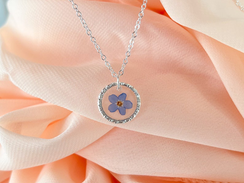 Forget-Me-Not Flower Necklace, Special Memorial Necklace, Small Round Necklace with Real Blue Flower, Sterling Silver Forget Me Not Necklace image 2