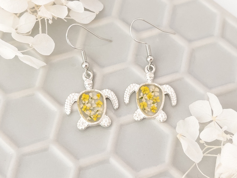 Silver turtle earrings, yellow and white flower turtle earrings for women, jewellery gifts for girls, bridesmaid birthday gift for her image 1