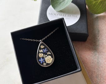 Forget Me Not Teardrop Necklace, Stainless Steel No Tarnish Pendant