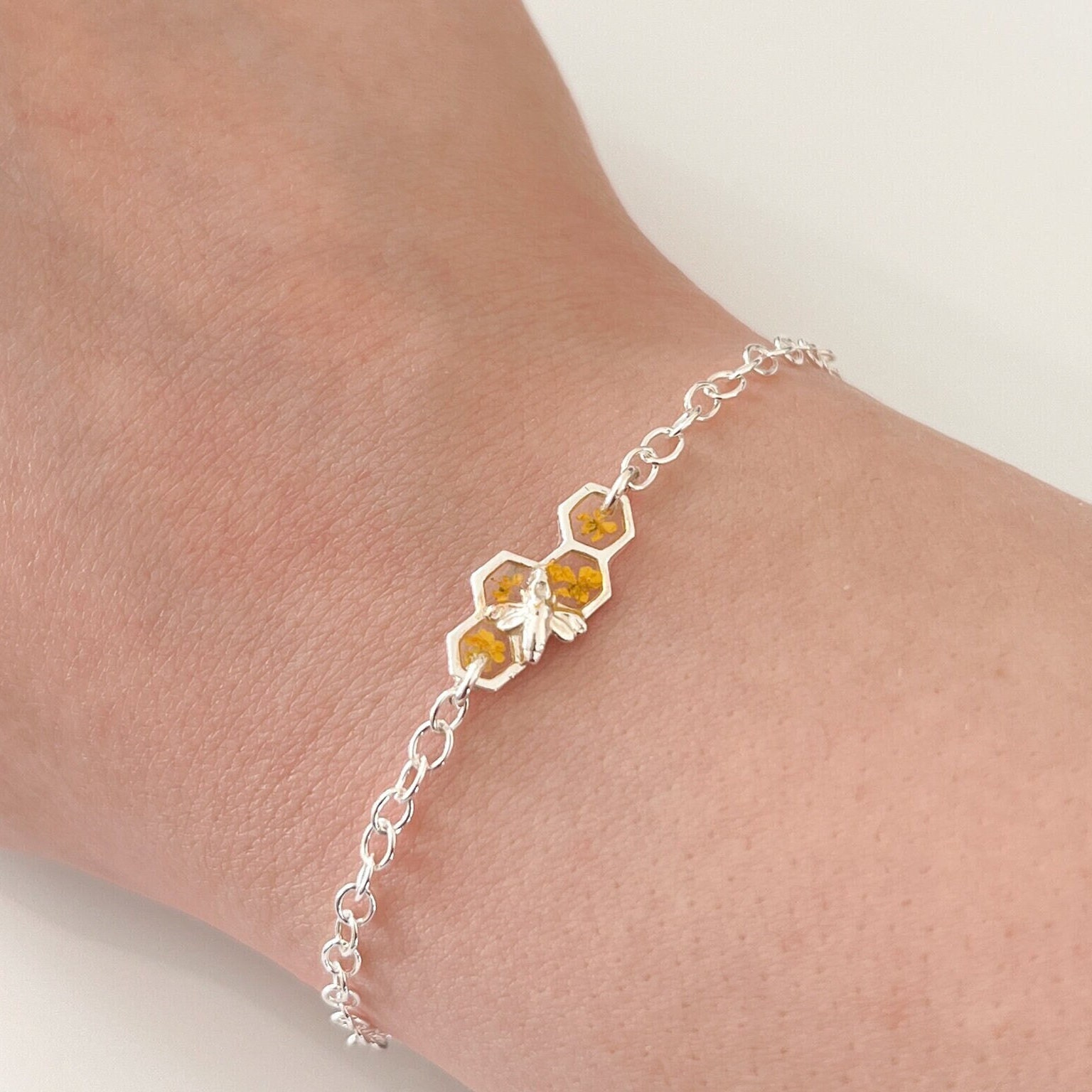 Sterling silver bee bracelet with yellow flowers, honeycomb bumble bee bracelet for women with angelite charm, birthday gifts for her