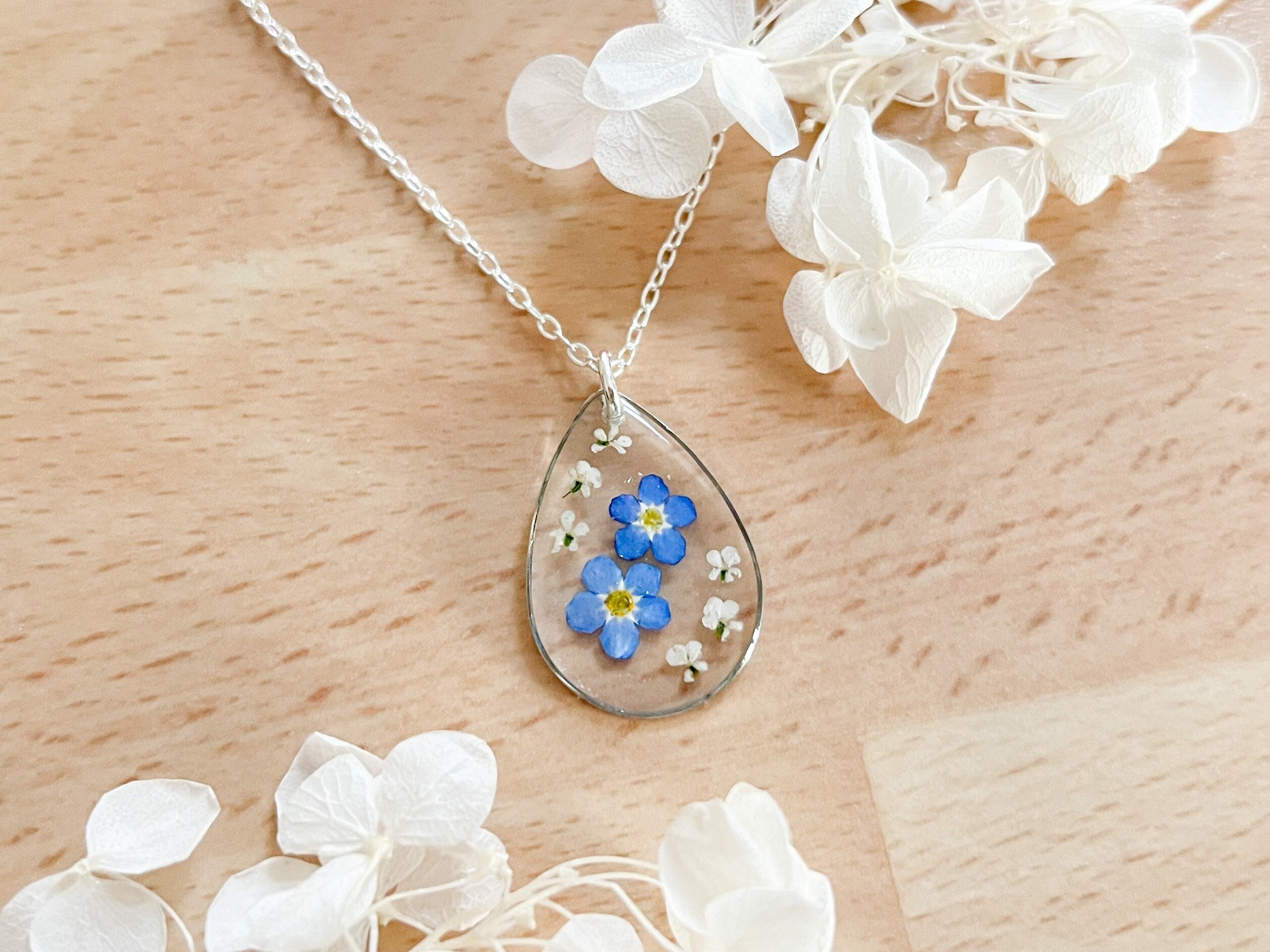 Teardrop Forget Me Not Necklace for Women Real Blue Flower