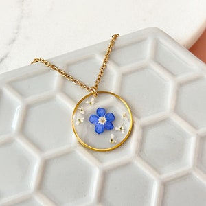 Forget-Me-Not Single Real Flower Necklace For Women, Gold Forget-Me-Not Necklace Gift For Her, Bridesmaid Wedding Gifts, Something Blue image 5