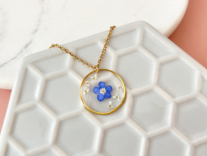 Forget-Me-Not Single Real Flower Necklace For Women, Gold Forget-Me-Not Necklace Gift For Her, Bridesmaid Wedding Gifts, Something Blue image 5