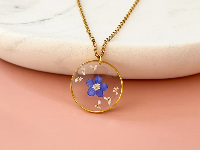 Forget-Me-Not Single Real Flower Necklace For Women, Gold Forget-Me-Not Necklace Gift For Her, Bridesmaid Wedding Gifts, Something Blue image 1