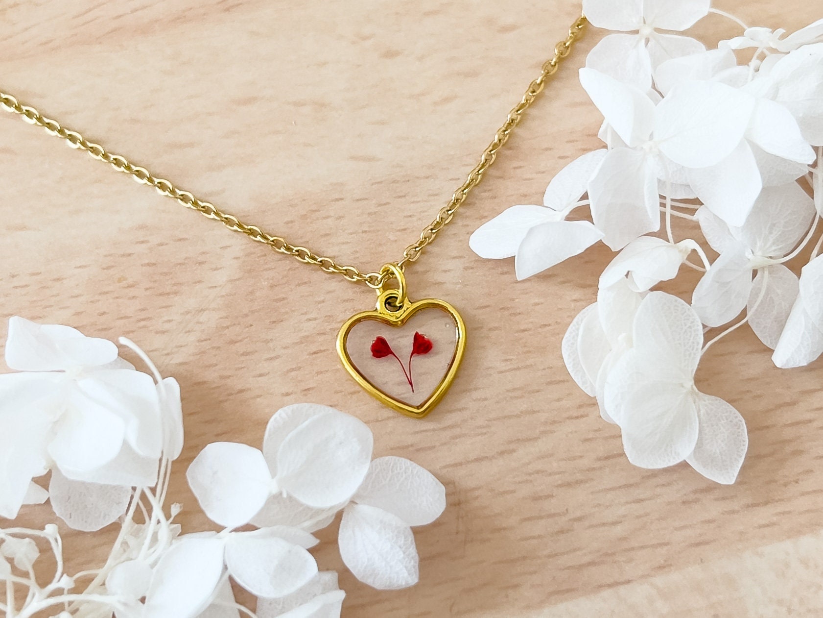 Small Gold Heart Necklace Red Babies Breath Necklace Handmade