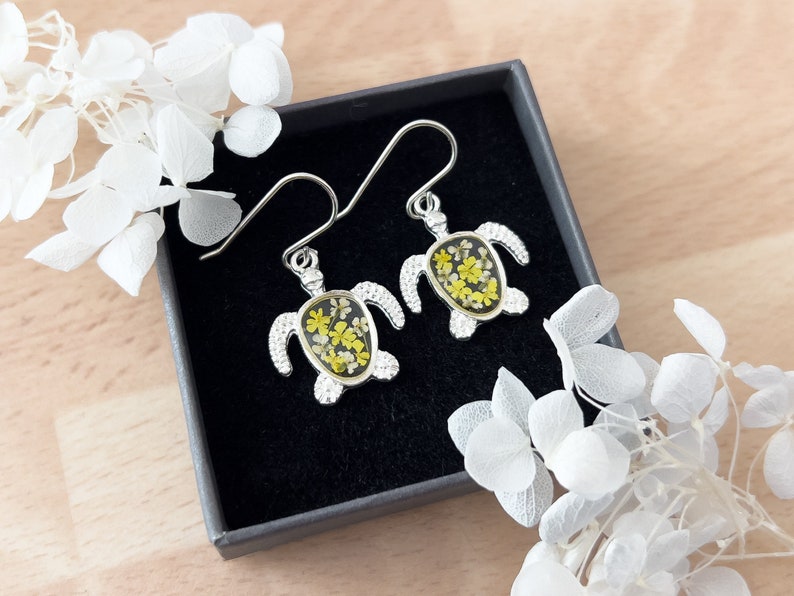 Silver turtle earrings, yellow and white flower turtle earrings for women, jewellery gifts for girls, bridesmaid birthday gift for her image 3