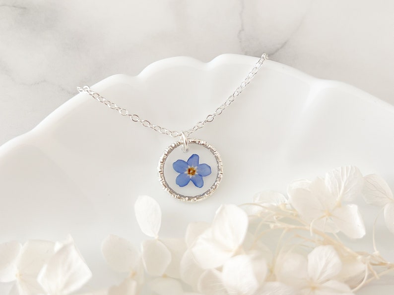 Forget-Me-Not Flower Necklace, Special Memorial Necklace, Small Round Necklace with Real Blue Flower, Sterling Silver Forget Me Not Necklace image 1