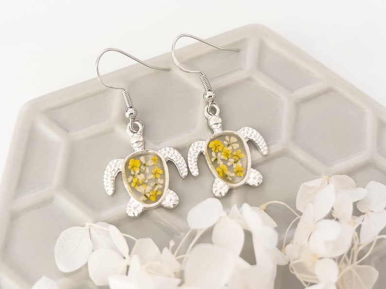 Silver turtle earrings, yellow and white flower turtle earrings for women, jewellery gifts for girls, bridesmaid birthday gift for her image 2