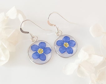 Forget me not dangle earrings sterling silver or silver plated finish | minimalist blue flower resin drop earrings for women | birthday gift