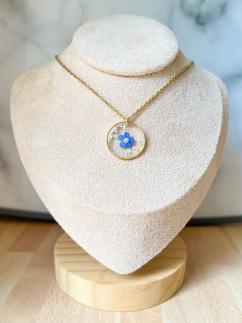 Forget-Me-Not Single Real Flower Necklace For Women, Gold Forget-Me-Not Necklace Gift For Her, Bridesmaid Wedding Gifts, Something Blue image 4