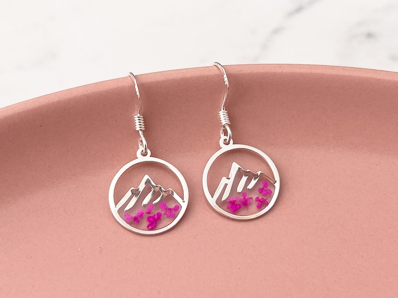 Sterling silver mountain earrings for women, pink flower mountain dangle earring gift for her, travel jewellery gifts for friend image 1