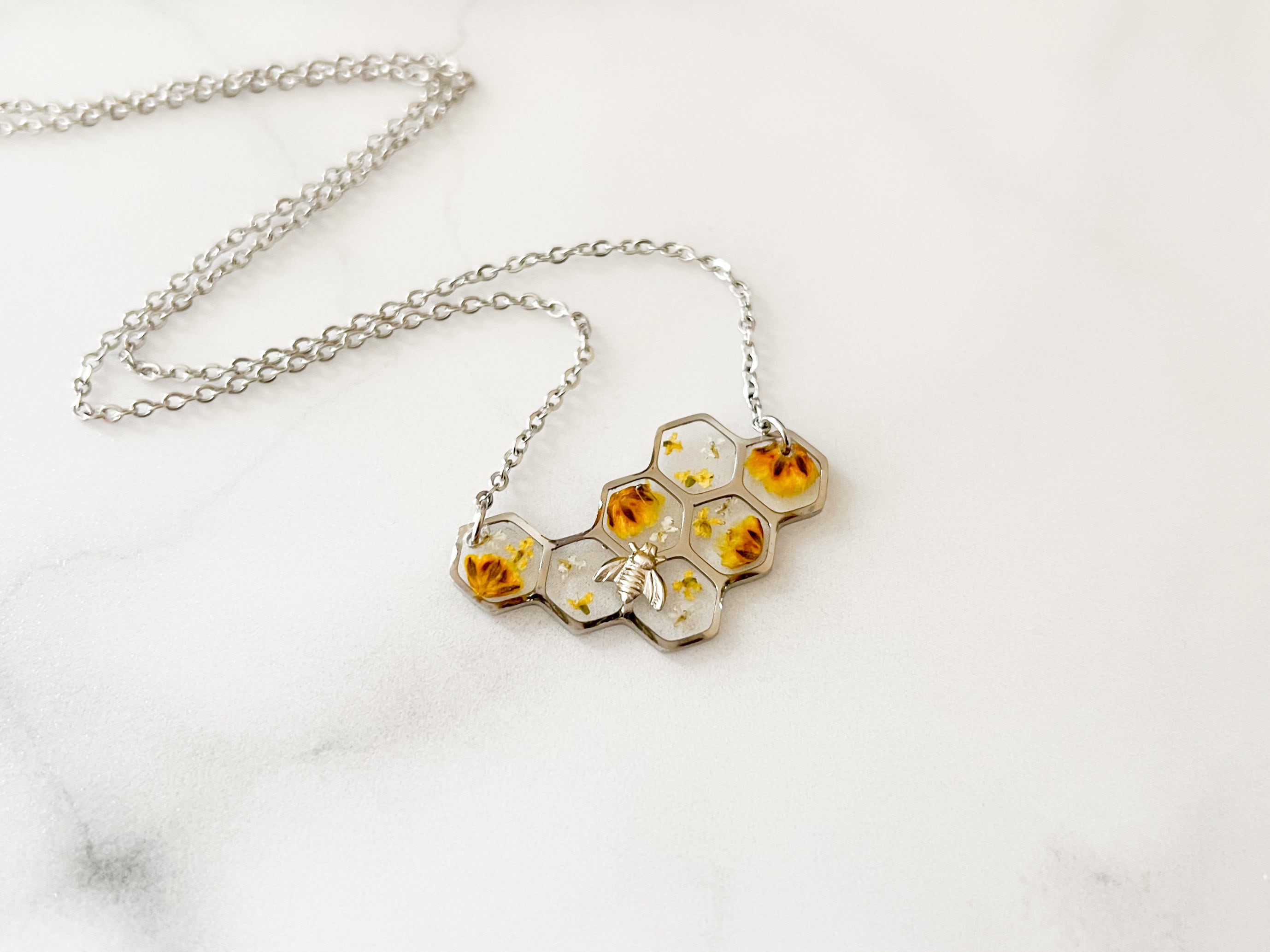 Bee and Honeycomb Necklace, Yellow Bee Necklace, Silver Bee Necklace, Stainless Steel Honeycomb Pendant, Yellow Flower Necklace for Her