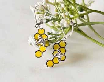 Bienen- und Wabenohrringe, gelber Wabenschmuck für Frauen, silberne Wabenohrringgeschenk für sie, handgemachte Wabenohrringe