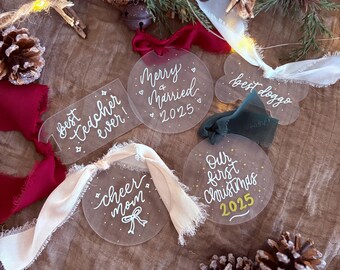 Personalized Hand-Lettered Acrylic Christmas Ornaments | Modern Calligraphy Ornaments