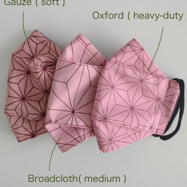 3-D face mask / Origami mask / Kimono print / Pink Asanoha /Cylinder section / Nose wire / Soft ear loop / Oxford / Broadcloth / Gauze