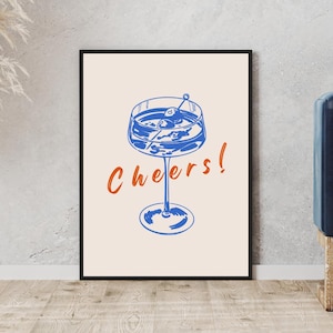 乾杯！印刷可能なウォールアート（デジタルダウンロード）、ミニマリストなカクテルグラスアート、キッチンやバーの装飾に最適な青い線画