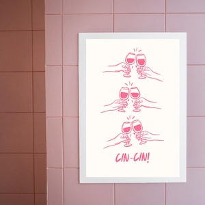 Cin Cin Wine Cheers 印刷可能な壁アート イタリアントースト デジタルダウンロード、ミニマリストなワイングラスアート、キッチンやバーの装飾に最適なピンクの線画