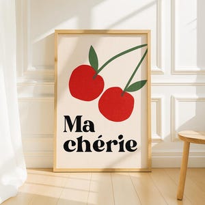 Ma Chérie Cherry Printable | French Wall Art | Cute Retro Kitchen Decor | Fruit Illustration Poster