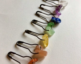 Rainbow Crystal Stitch Markers | Chakra Precious Stones | Progress Keepers | Knitting and Crochet Gift | Set of 7 |