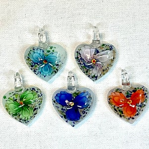 Handmade Lampwork Clear Heart Pendant with Dried Flower