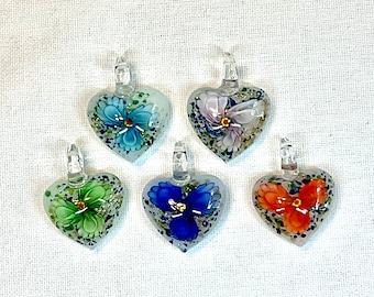 Handmade Lampwork Clear Heart Pendant with Dried Flower