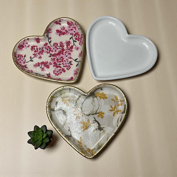 Heart Shaped Resin Trinket Dish, Decoupaged Ring Dish