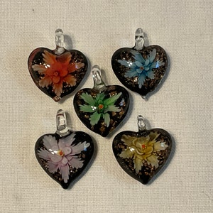 Handmade Lampwork Heart Pendant with Dried Flower and Black Background