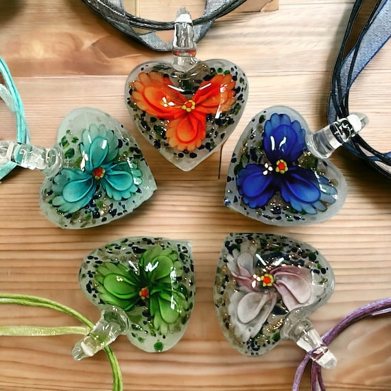 Handmade Glass Heart Necklace, Dried Flower Pendant, Colorful Corded Necklace