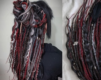 Gothic style de dreads, dark brown, burgundi and black gray ombre dreads, gothic dreads and braids, viking dreads