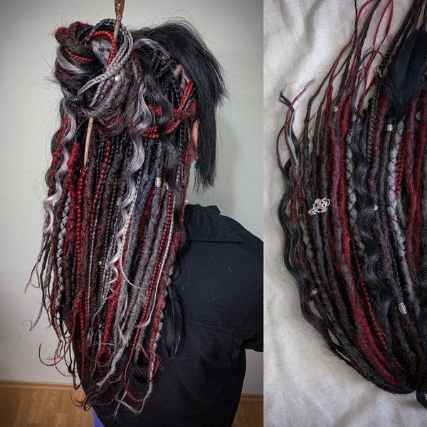 Gothic style de dreads, dark brown, burgundi and black gray ombre dreads, gothic dreads and braids, viking dreads