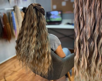 Synthetic crochet dreads extensions brown with light brown. Wavy loose ends. Boho de dreadlocks natural ombre