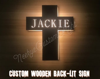 Personalized Wood Cross LED Light Sign丨Custom Name Decor Night Light丨Custom Sconce Engraved Wooden Kids Room Lamp丨Religious Wall Decoration