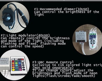 Atenuador, brillo de luz ajustable, modo intermitente y fijo, frecuencia intermitente y otras funciones