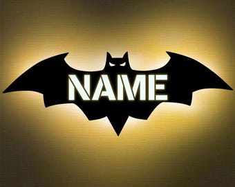 Personalized Wooden Bat LED Sign丨Name Decor Night Light with RGB Remote Control丨Custom Wall Engraved Wood Kids Room Wall Lamp Of Bat Decor