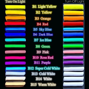 Puede incluir: Un gr&aacute;fico que muestra 16 colores diferentes de tiras LED. Los colores est&aacute;n etiquetados con su c&oacute;digo correspondiente, como B1 Amarillo claro, B2 Amarillo, B3 Naranja, etc. El gr&aacute;fico muestra los colores de las tiras LED cuando est&aacute;n encendidas y apagadas.