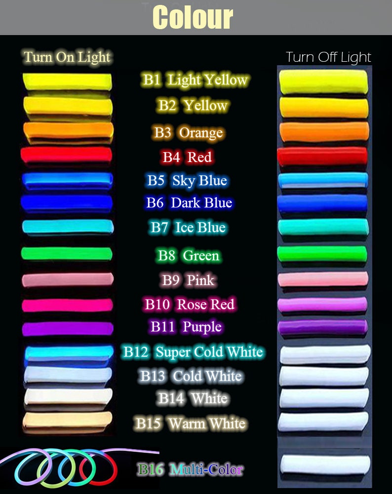 Puede incluir: Un gr&aacute;fico que muestra 16 colores diferentes de tiras LED. Los colores est&aacute;n etiquetados con su c&oacute;digo correspondiente, como B1 Amarillo claro, B2 Amarillo, B3 Naranja, etc. El gr&aacute;fico muestra los colores de las tiras LED cuando est&aacute;n encendidas y apagadas.