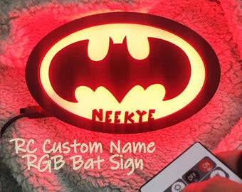 Personalized Bat LED Lamp, Halloween Engraved Name Wall Light, 7 Color Remote Control, Kids Room Birthday Wall Decor, Custom Wood Sign