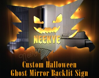 Personalized Mirror Ghost LED Light Sign丨Custom Name Decor Night Light Remote Control丨Custom Wall Sconce Engraved Wooden Kids Room Wall Lamp