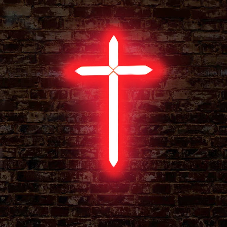 May include: A white neon cross with a red glow against a brick wall background.