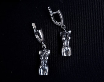 Sculpted Woman Body Earrings - Statement Silver Drop Earrings