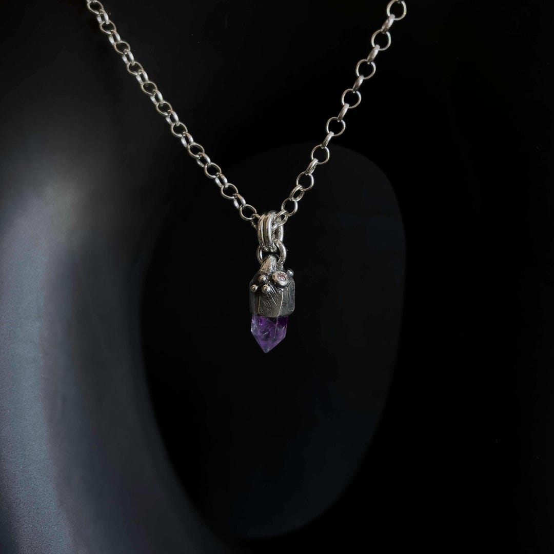 Amethyst & Pearl February Birthstone Handmade Indian Silver Long Pendant main image 0