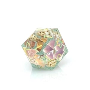 Beach Day,  Hand-Crafted D20 Single Polyhedral Dice for Dungeons and Dragons, Clear and Coloured Resin with Real Shell