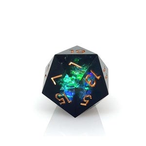 ABYSSAL EMERALD,  Hand-Crafted D20 Single Polyhedral Dice for Dungeons and Dragons, Coloured Resin with Holograms